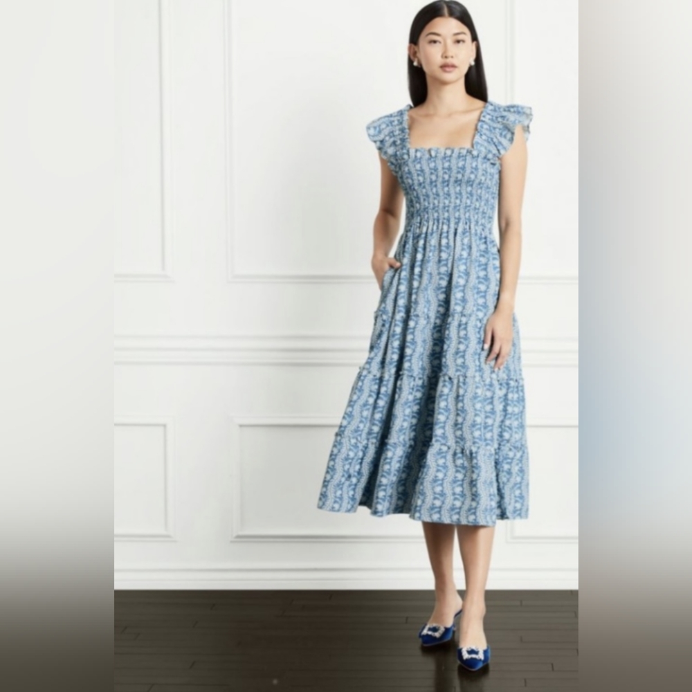 Hill House The Ellie Nap Dress - Trailing Vine Blue Crepe EUC